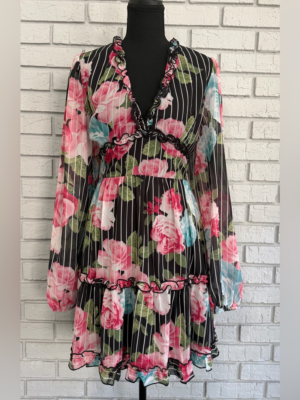Y2K Bebe Floral Mini Dress Large Women’s Open Back Long Sleeve Ruffled Lined